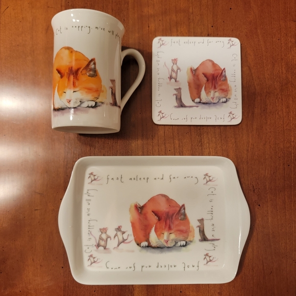 KENT POTTERY ♡ Rare Cat 'n Mice 3pc Fine China Mug--Scatter Tray 'n Coaster Set - Picture 1 of 17
